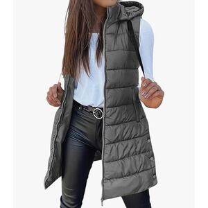 Womens Gray Hooded Puffer Vest Longline Quilted Sleeveless Jacket Zip Up Gilet